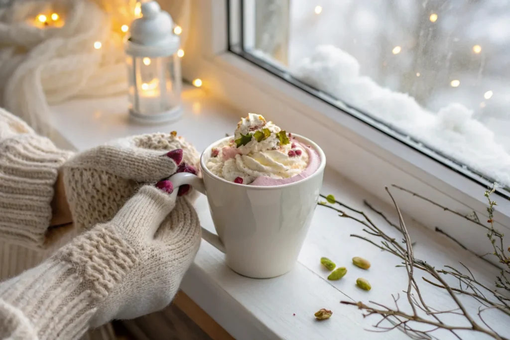 # Rosewater White Hot Chocolate: A Romantic Winter Indulgence When winter chills settle in, there's nothing quite like wrapping your hands around a steaming mug of hot chocolate. But this isn't just any hot chocolate – this Rosewater White Hot Chocolate elevates the familiar comfort drink into something truly special. The delicate floral notes of rose water transform creamy white chocolate into an elegant treat that feels both cozy and sophisticated, perfect for quiet evenings by the fire or special winter gatherings. What makes this hot chocolate unique is its beautiful balance of flavors and textures. The rich sweetness of white chocolate provides a velvety base that carries the subtle fragrance of rose water beautifully. Topped with a cloud of whipped cream, a sprinkle of crushed pistachios for texture, and a delicate rosebud for visual charm, this drink engages all your senses. It's hot chocolate reimagined as a multisensory experience – one that warms both body and spirit during the coldest months. ## A Harmonious Blend of Flavors The Rosewater White Hot Chocolate brings together three main flavor elements that complement each other perfectly: **White chocolate** offers a creamy, vanilla-forward sweetness that's more delicate than traditional chocolate. Without the robust cacao notes of dark chocolate, it creates the perfect neutral canvas for floral flavors. **Rose water** adds a gentle floral perfume that's instantly recognizable and deeply nostalgic for many. When used with restraint, it creates an aromatic quality that elevates the drink without overwhelming the palate. **Pistachios** contribute a subtle earthy nuttiness and beautiful color contrast. Their slightly savory quality balances the sweetness of the white chocolate, creating a more complex flavor profile. If you enjoy floral-infused beverages, you might also appreciate our [Lavender Cardamom Cold-Foam Latte](https://alexandrarecipes.com/lavender-cardamom-cold-foam-latte-recipe/), which offers another aromatic experience perfect for cooler weather. ## Simple Ingredients for a Luxurious Drink To create this romantic winter beverage, you'll need: * 1 cup almond milk * ¼ cup white chocolate chips * 1 tablespoon rose water * Pinch of sea salt * Whipped cream for topping * Crushed pistachios for garnish * Mini rosebud for garnish (optional) ### Notes on Ingredients **Almond Milk:** Its subtle nutty flavor pairs beautifully with the pistachio and rose elements. If almond milk isn't available, any milk works well – dairy milk will create a richer drink, while coconut milk adds a tropical note that complements the rose water nicely. **White Chocolate:** Use good quality white chocolate chips or chopped white chocolate bars for the smoothest melt and best flavor. Look for products that list cocoa butter among the first ingredients for authentic white chocolate taste. **Rose Water:** This is the key flavoring ingredient, so quality matters. Look for culinary-grade rose water, available in Middle Eastern markets, specialty food stores, or online. A little goes a long way – start with less than you think you need, as too much can make the drink taste perfumed. **Sea Salt:** Just a tiny pinch enhances all the other flavors and balances the sweetness of the white chocolate. Don't skip this seemingly minor ingredient – it makes a noticeable difference. ## How to Make Rosewater White Hot Chocolate Creating this elegant beverage is surprisingly simple: ### Step 1: Prepare the Base 1. Pour the almond milk into a small saucepan. 2. Warm the milk over medium-low heat until steaming but not boiling. Hot milk helps the chocolate melt evenly, but boiling can scorch the milk and affect the flavor. ### Step 2: Add the Chocolate 1. Reduce heat to low and add the white chocolate chips and pinch of sea salt. 2. Whisk continuously until the chocolate is completely melted and the mixture is smooth and well-blended. 3. Keep the heat gentle to prevent the chocolate from seizing or the mixture from boiling. ### Step 3: Infuse with Rose Water 1. Remove the saucepan from heat. 2. Add the rose water and stir gently to incorporate. 3. Adding the rose water off the heat preserves its delicate aroma, which can diminish with prolonged cooking. ### Step 4: Serve with Style 1. Pour the hot chocolate into your favorite mug. 2. Top with a generous swirl of whipped cream. 3. Sprinkle with crushed pistachios for color, texture, and flavor. 4. If available, place a small dried rosebud on top for a beautiful finishing touch. 5. Serve immediately while hot. The visual contrast between the pale blush drink, white cream, and green pistachios creates a feast for the eyes that hints at the flavor experience to come. ## Variations to Explore While the classic recipe is perfectly balanced, here are some delightful variations: ### Rose and Cardamom White Hot Chocolate Add a pinch of ground cardamom to the hot milk before adding the chocolate. This warming spice pairs beautifully with both rose and white chocolate, creating a more complex flavor profile with Middle Eastern influences. ### Raspberry Rose White Hot Chocolate Stir in a tablespoon of raspberry puree along with the rose water for a fruity twist that complements the floral notes while adding a subtle pink color. ### Iced Rosewater White Chocolate Allow the mixture to cool completely, then pour over ice for a refreshing summer version. The rose flavor is particularly refreshing when served cold. ### Honey-Sweetened Variation Replace some of the white chocolate with a tablespoon of honey for a different dimension of sweetness that pairs beautifully with the floral theme. ## Tips for the Perfect Rosewater White Hot Chocolate * **Temperature control:** Heat the milk gently to prevent scorching and maintain the delicate flavors. * **Rose water restraint:** Start with just ½ tablespoon of rose water, taste, and adjust to preference. It's easier to add more than to fix an overpowering floral taste. * **Quality ingredients:** With so few ingredients, quality matters – especially for the white chocolate and rose water. * **Fresh garnishes:** For the most beautiful presentation, add the whipped cream and garnishes just before serving. * **Serving temperature:** Serve hot but not scalding to best appreciate the aromatic qualities of the rose water. ## Perfect Occasions for Rosewater White Hot Chocolate This romantic beverage suits numerous occasions: * **Valentine's Day celebrations:** The rose theme makes it perfect for romantic evenings. * **Winter gatherings:** Offer as a sophisticated alternative to traditional hot chocolate. * **Afternoon treats:** Pair with delicate cookies for an elegant afternoon break. * **Holiday entertaining:** The festive appearance makes it perfect for winter holidays. * **Self-care evenings:** Elevate your me-time with this special treat that turns an ordinary evening into a moment of luxury. ## The Cultural Heritage of Rose in Beverages Rose has been used as a flavoring in beverages across many cultures, particularly in the Middle East, North Africa, and South Asia. From Persian rose sharbats to Turkish delight-flavored drinks, the floral essence of rose has long been appreciated for both its aromatic qualities and its association with luxury and beauty. By incorporating rose water into white hot chocolate, this recipe creates a cross-cultural fusion that connects European chocolate traditions with Middle Eastern flavor profiles. The addition of pistachios – another ingredient treasured in Middle Eastern cuisines – further reinforces this beautiful cultural bridge. ## The Comfort of Hot Chocolate with an Elegant Twist Hot chocolate has been enjoyed as a comfort beverage for centuries, dating back to ancient Mayan and Aztec cultures. While most people are familiar with traditional dark chocolate versions, white hot chocolate offers a different experience – sweeter, creamier, and more adaptable to delicate flavors like rose water. This variation maintains the soothing qualities that make hot chocolate so beloved during cold weather, while introducing an unexpected sophistication. The result is a drink that comforts and intrigues simultaneously – familiar enough to feel cozy but unique enough to feel special. ## Final Thoughts: A Mug Full of Winter Romance The Rosewater White Hot Chocolate embodies a perfect balance between comfort and elegance. It takes the familiar warmth of hot chocolate and transforms it with floral notes and visual beauty into something worthy of special occasions, yet simple enough for everyday indulgence. The combination of creamy sweetness, gentle floral aroma, and nutty garnish creates a multisensory experience that feels like self-care in a mug. What makes this drink particularly appealing is how it elevates a winter staple into something unexpected. Like a cozy sweater adorned with beautiful embroidery, it maintains all the comfort of the original while adding elements of beauty and surprise. The rose water doesn't reinvent hot chocolate – it enhances it, adding layers of aroma and flavor that complement its inherent creaminess. Whether you're making it for yourself as a special treat, sharing it with someone special on a cold evening, or serving it to guests as part of a winter gathering, this rosy twist on white hot chocolate offers a moment of accessible luxury. It reminds us that with just a few thoughtful ingredients and minimal effort, we can transform everyday moments into small celebrations – a philosophy that's especially valuable during the darker, colder months when we could all use a little extra warmth and beauty.