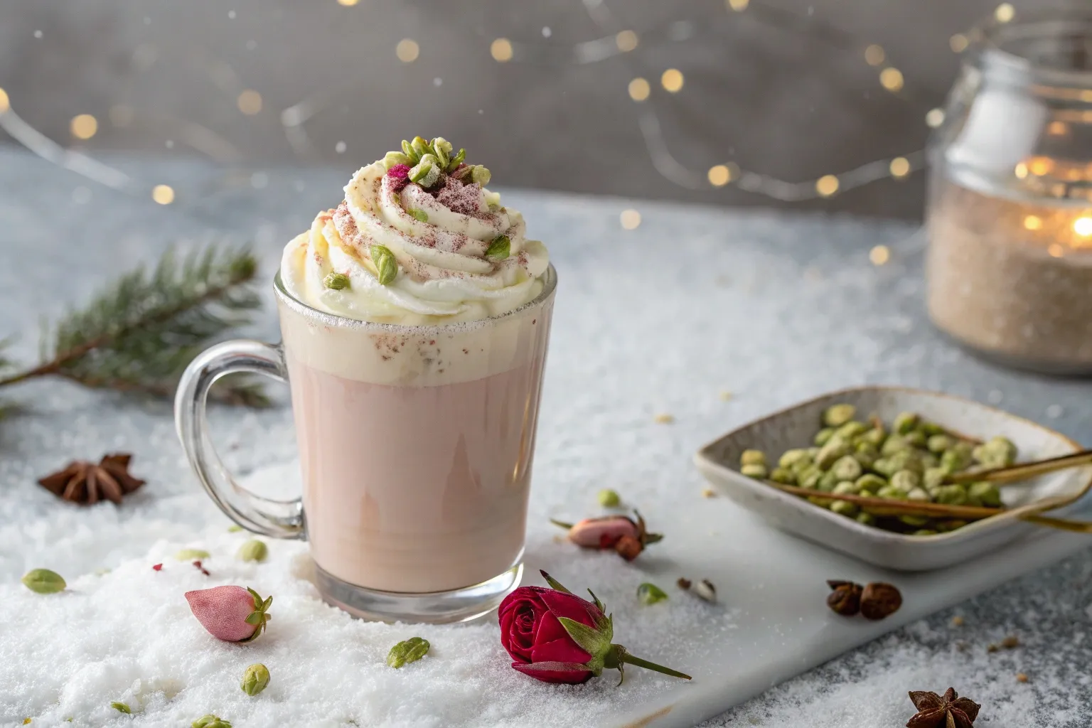 # Rosewater White Hot Chocolate: A Romantic Winter Indulgence When winter chills settle in, there's nothing quite like wrapping your hands around a steaming mug of hot chocolate. But this isn't just any hot chocolate – this Rosewater White Hot Chocolate elevates the familiar comfort drink into something truly special. The delicate floral notes of rose water transform creamy white chocolate into an elegant treat that feels both cozy and sophisticated, perfect for quiet evenings by the fire or special winter gatherings. What makes this hot chocolate unique is its beautiful balance of flavors and textures. The rich sweetness of white chocolate provides a velvety base that carries the subtle fragrance of rose water beautifully. Topped with a cloud of whipped cream, a sprinkle of crushed pistachios for texture, and a delicate rosebud for visual charm, this drink engages all your senses. It's hot chocolate reimagined as a multisensory experience – one that warms both body and spirit during the coldest months. ## A Harmonious Blend of Flavors The Rosewater White Hot Chocolate brings together three main flavor elements that complement each other perfectly: **White chocolate** offers a creamy, vanilla-forward sweetness that's more delicate than traditional chocolate. Without the robust cacao notes of dark chocolate, it creates the perfect neutral canvas for floral flavors. **Rose water** adds a gentle floral perfume that's instantly recognizable and deeply nostalgic for many. When used with restraint, it creates an aromatic quality that elevates the drink without overwhelming the palate. **Pistachios** contribute a subtle earthy nuttiness and beautiful color contrast. Their slightly savory quality balances the sweetness of the white chocolate, creating a more complex flavor profile. If you enjoy floral-infused beverages, you might also appreciate our [Lavender Cardamom Cold-Foam Latte](https://alexandrarecipes.com/lavender-cardamom-cold-foam-latte-recipe/), which offers another aromatic experience perfect for cooler weather. ## Simple Ingredients for a Luxurious Drink To create this romantic winter beverage, you'll need: * 1 cup almond milk * ¼ cup white chocolate chips * 1 tablespoon rose water * Pinch of sea salt * Whipped cream for topping * Crushed pistachios for garnish * Mini rosebud for garnish (optional) ### Notes on Ingredients **Almond Milk:** Its subtle nutty flavor pairs beautifully with the pistachio and rose elements. If almond milk isn't available, any milk works well – dairy milk will create a richer drink, while coconut milk adds a tropical note that complements the rose water nicely. **White Chocolate:** Use good quality white chocolate chips or chopped white chocolate bars for the smoothest melt and best flavor. Look for products that list cocoa butter among the first ingredients for authentic white chocolate taste. **Rose Water:** This is the key flavoring ingredient, so quality matters. Look for culinary-grade rose water, available in Middle Eastern markets, specialty food stores, or online. A little goes a long way – start with less than you think you need, as too much can make the drink taste perfumed. **Sea Salt:** Just a tiny pinch enhances all the other flavors and balances the sweetness of the white chocolate. Don't skip this seemingly minor ingredient – it makes a noticeable difference. ## How to Make Rosewater White Hot Chocolate Creating this elegant beverage is surprisingly simple: ### Step 1: Prepare the Base 1. Pour the almond milk into a small saucepan. 2. Warm the milk over medium-low heat until steaming but not boiling. Hot milk helps the chocolate melt evenly, but boiling can scorch the milk and affect the flavor. ### Step 2: Add the Chocolate 1. Reduce heat to low and add the white chocolate chips and pinch of sea salt. 2. Whisk continuously until the chocolate is completely melted and the mixture is smooth and well-blended. 3. Keep the heat gentle to prevent the chocolate from seizing or the mixture from boiling. ### Step 3: Infuse with Rose Water 1. Remove the saucepan from heat. 2. Add the rose water and stir gently to incorporate. 3. Adding the rose water off the heat preserves its delicate aroma, which can diminish with prolonged cooking. ### Step 4: Serve with Style 1. Pour the hot chocolate into your favorite mug. 2. Top with a generous swirl of whipped cream. 3. Sprinkle with crushed pistachios for color, texture, and flavor. 4. If available, place a small dried rosebud on top for a beautiful finishing touch. 5. Serve immediately while hot. The visual contrast between the pale blush drink, white cream, and green pistachios creates a feast for the eyes that hints at the flavor experience to come. ## Variations to Explore While the classic recipe is perfectly balanced, here are some delightful variations: ### Rose and Cardamom White Hot Chocolate Add a pinch of ground cardamom to the hot milk before adding the chocolate. This warming spice pairs beautifully with both rose and white chocolate, creating a more complex flavor profile with Middle Eastern influences. ### Raspberry Rose White Hot Chocolate Stir in a tablespoon of raspberry puree along with the rose water for a fruity twist that complements the floral notes while adding a subtle pink color. ### Iced Rosewater White Chocolate Allow the mixture to cool completely, then pour over ice for a refreshing summer version. The rose flavor is particularly refreshing when served cold. ### Honey-Sweetened Variation Replace some of the white chocolate with a tablespoon of honey for a different dimension of sweetness that pairs beautifully with the floral theme. ## Tips for the Perfect Rosewater White Hot Chocolate * **Temperature control:** Heat the milk gently to prevent scorching and maintain the delicate flavors. * **Rose water restraint:** Start with just ½ tablespoon of rose water, taste, and adjust to preference. It's easier to add more than to fix an overpowering floral taste. * **Quality ingredients:** With so few ingredients, quality matters – especially for the white chocolate and rose water. * **Fresh garnishes:** For the most beautiful presentation, add the whipped cream and garnishes just before serving. * **Serving temperature:** Serve hot but not scalding to best appreciate the aromatic qualities of the rose water. ## Perfect Occasions for Rosewater White Hot Chocolate This romantic beverage suits numerous occasions: * **Valentine's Day celebrations:** The rose theme makes it perfect for romantic evenings. * **Winter gatherings:** Offer as a sophisticated alternative to traditional hot chocolate. * **Afternoon treats:** Pair with delicate cookies for an elegant afternoon break. * **Holiday entertaining:** The festive appearance makes it perfect for winter holidays. * **Self-care evenings:** Elevate your me-time with this special treat that turns an ordinary evening into a moment of luxury. ## The Cultural Heritage of Rose in Beverages Rose has been used as a flavoring in beverages across many cultures, particularly in the Middle East, North Africa, and South Asia. From Persian rose sharbats to Turkish delight-flavored drinks, the floral essence of rose has long been appreciated for both its aromatic qualities and its association with luxury and beauty. By incorporating rose water into white hot chocolate, this recipe creates a cross-cultural fusion that connects European chocolate traditions with Middle Eastern flavor profiles. The addition of pistachios – another ingredient treasured in Middle Eastern cuisines – further reinforces this beautiful cultural bridge. ## The Comfort of Hot Chocolate with an Elegant Twist Hot chocolate has been enjoyed as a comfort beverage for centuries, dating back to ancient Mayan and Aztec cultures. While most people are familiar with traditional dark chocolate versions, white hot chocolate offers a different experience – sweeter, creamier, and more adaptable to delicate flavors like rose water. This variation maintains the soothing qualities that make hot chocolate so beloved during cold weather, while introducing an unexpected sophistication. The result is a drink that comforts and intrigues simultaneously – familiar enough to feel cozy but unique enough to feel special. ## Final Thoughts: A Mug Full of Winter Romance The Rosewater White Hot Chocolate embodies a perfect balance between comfort and elegance. It takes the familiar warmth of hot chocolate and transforms it with floral notes and visual beauty into something worthy of special occasions, yet simple enough for everyday indulgence. The combination of creamy sweetness, gentle floral aroma, and nutty garnish creates a multisensory experience that feels like self-care in a mug. What makes this drink particularly appealing is how it elevates a winter staple into something unexpected. Like a cozy sweater adorned with beautiful embroidery, it maintains all the comfort of the original while adding elements of beauty and surprise. The rose water doesn't reinvent hot chocolate – it enhances it, adding layers of aroma and flavor that complement its inherent creaminess. Whether you're making it for yourself as a special treat, sharing it with someone special on a cold evening, or serving it to guests as part of a winter gathering, this rosy twist on white hot chocolate offers a moment of accessible luxury. It reminds us that with just a few thoughtful ingredients and minimal effort, we can transform everyday moments into small celebrations – a philosophy that's especially valuable during the darker, colder months when we could all use a little extra warmth and beauty.