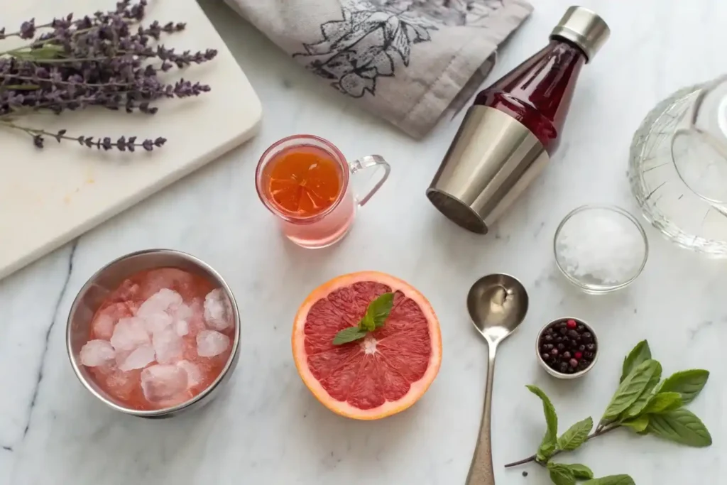 Ingredients for Lady Lavender mocktail – grapefruit juice, lavender syrup, grenadine, club soda, basil, and lavender arranged for mixing.