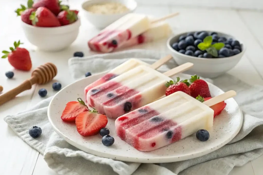 “Homemade Greek yogurt popsicles with berries and honey on a plate – healthy frozen summer treat”