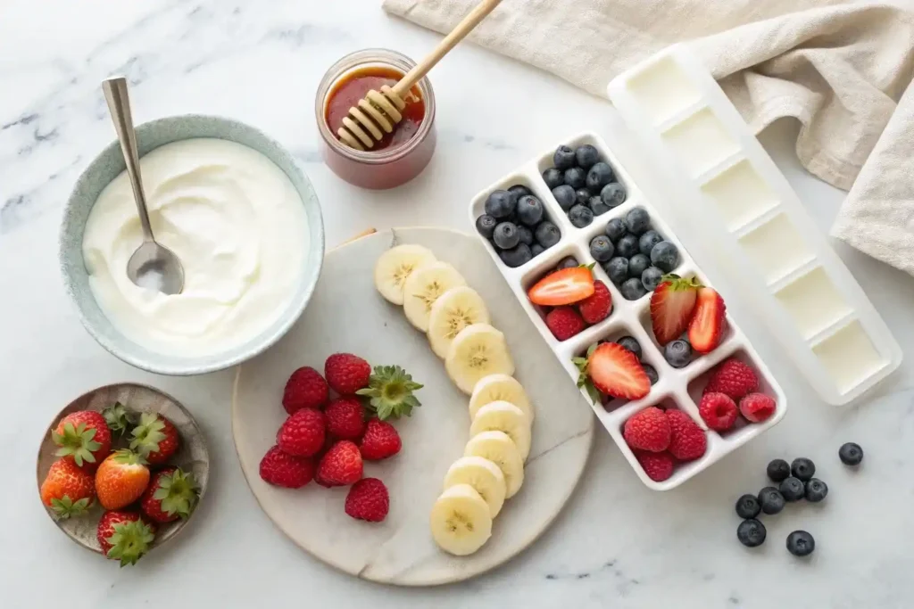 “Ingredients for Greek yogurt popsicles including Greek yogurt, fresh berries, banana, and honey”