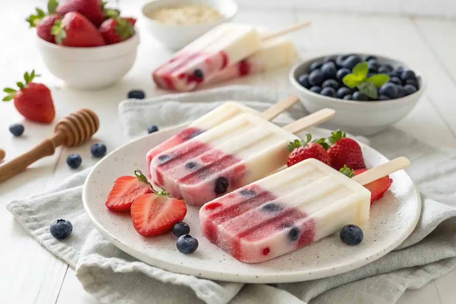 “Homemade Greek yogurt popsicles with berries and honey on a plate – healthy frozen summer treat”