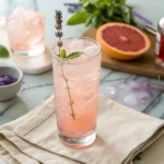 Lady Lavender mocktail served in a tall glass with grapefruit juice, basil, and lavender garnish – floral and alcohol-free drink.