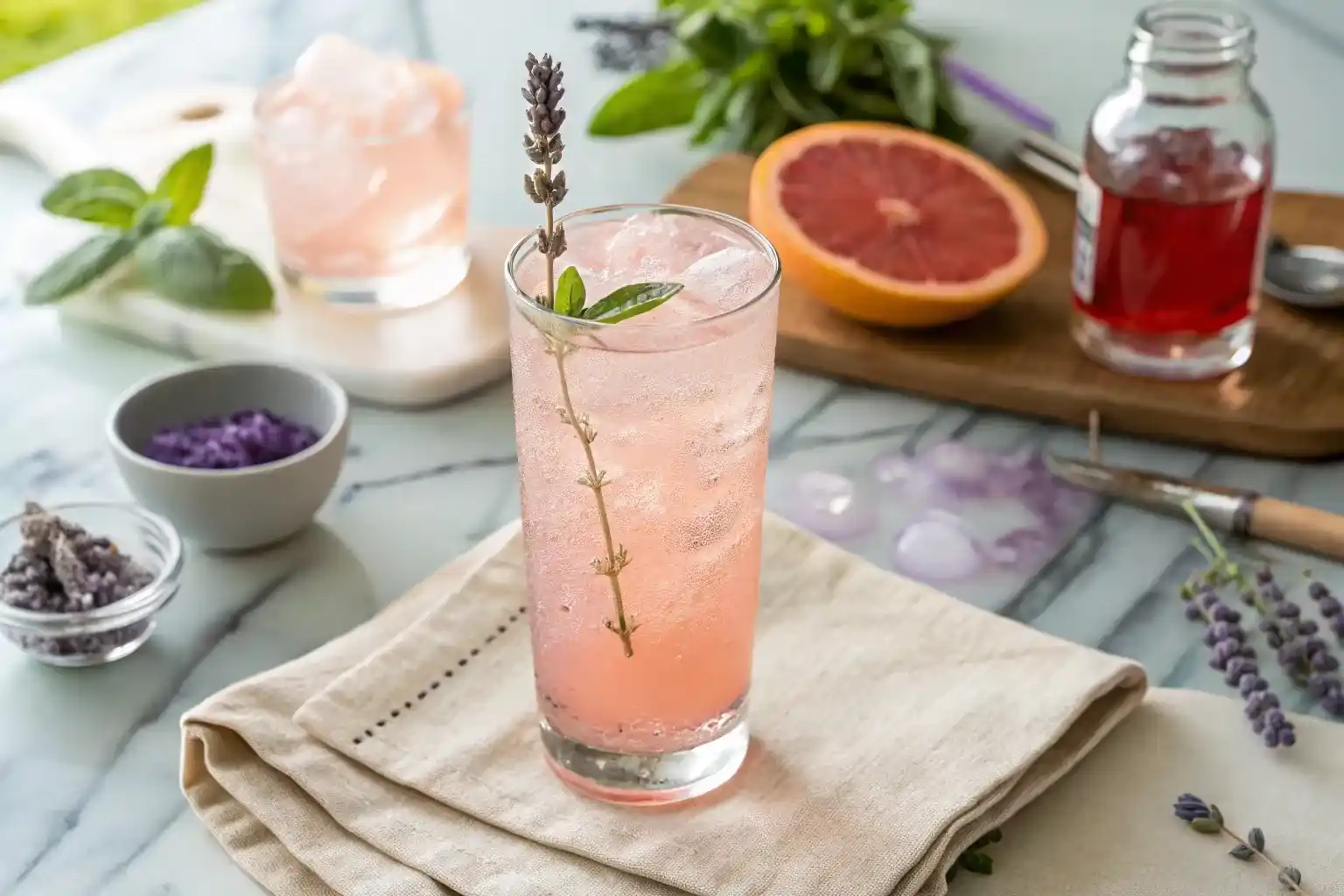 Lady Lavender mocktail served in a tall glass with grapefruit juice, basil, and lavender garnish – floral and alcohol-free drink.