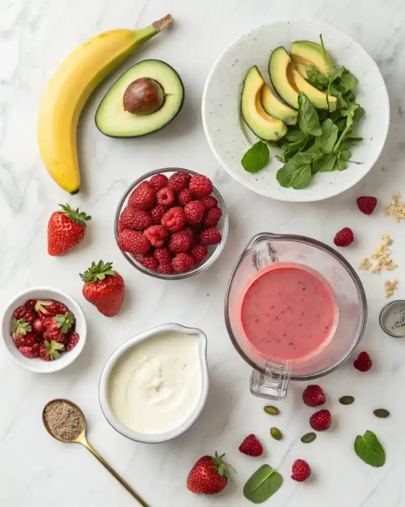"Hailey Bieber smoothie ingredients layout including strawberries, avocado, banana and Greek yogurt