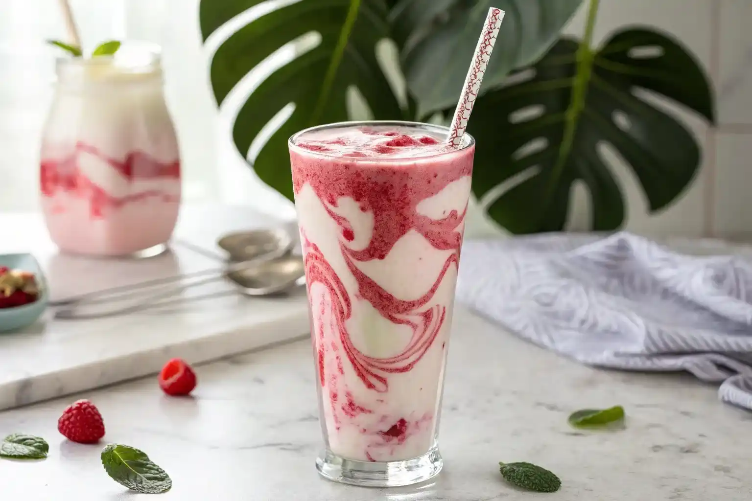Hailey Bieber viral smoothie with pink and white swirls in clear glass with straw"