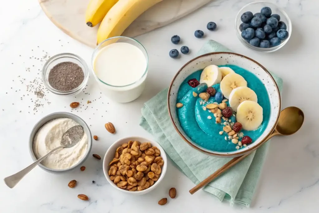 "Blue vanilla smoothie bowl ingredients including spirulina powder, protein powder, and bananas