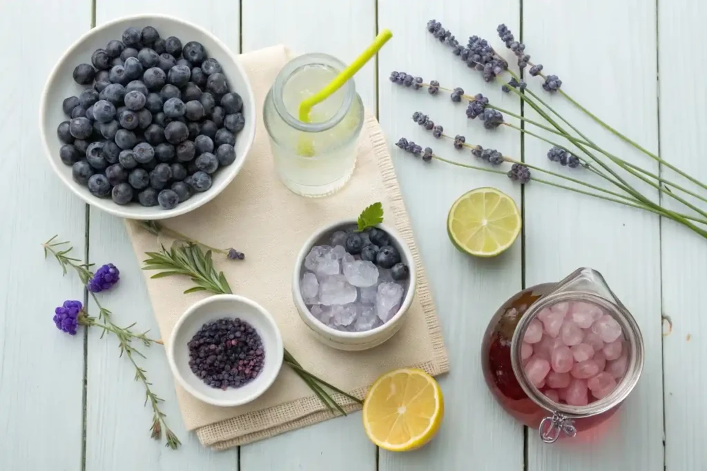 Ingredients for blueberry lavender fizz mocktail – blueberries, lavender, lemon, lime, sugar, and sparkling water arranged on a kitchen counter.