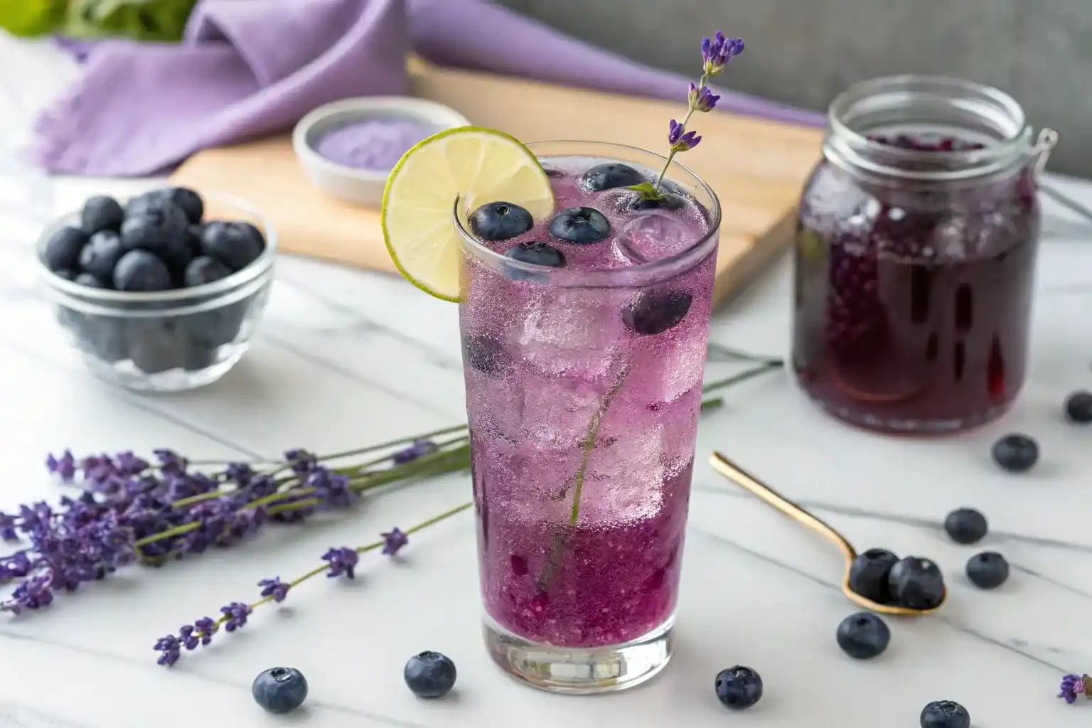 Refreshing blueberry lavender fizz mocktail served in a tall glass with ice, lime garnish, and fresh blueberries – non-alcoholic and floral.