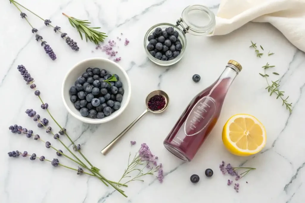 Ingredients for blueberry lavender mocktail – blueberries, lavender syrup, elderflower cordial, non-alcoholic prosecco, and lavender sprigs on marble.