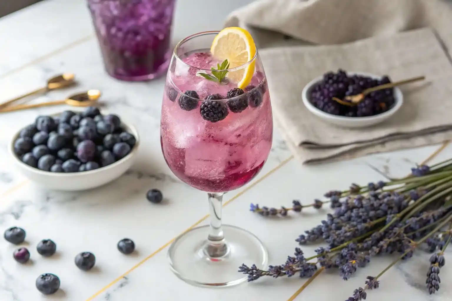 Blueberry lavender mocktail in a wine glass with ice, lavender garnish, and lemon twist – refreshing, alcohol-free floral drink.