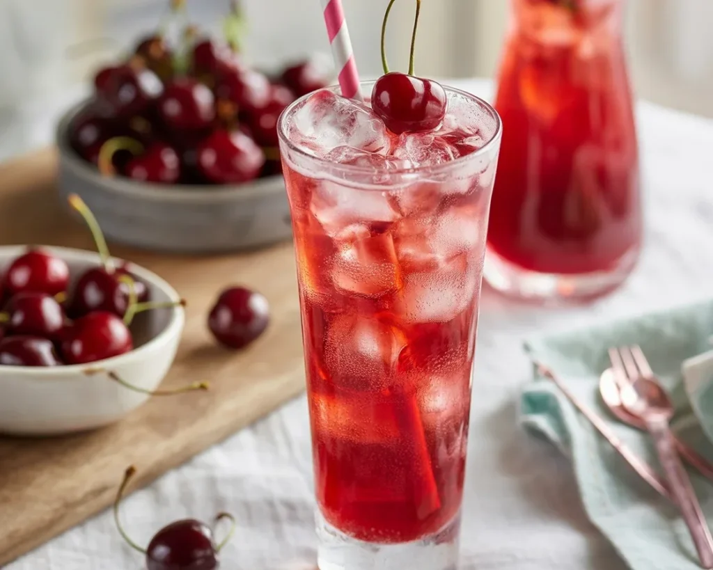 Cherry Bomb Mocktail with fresh cherries and lime in a glass, garnished and bubbly