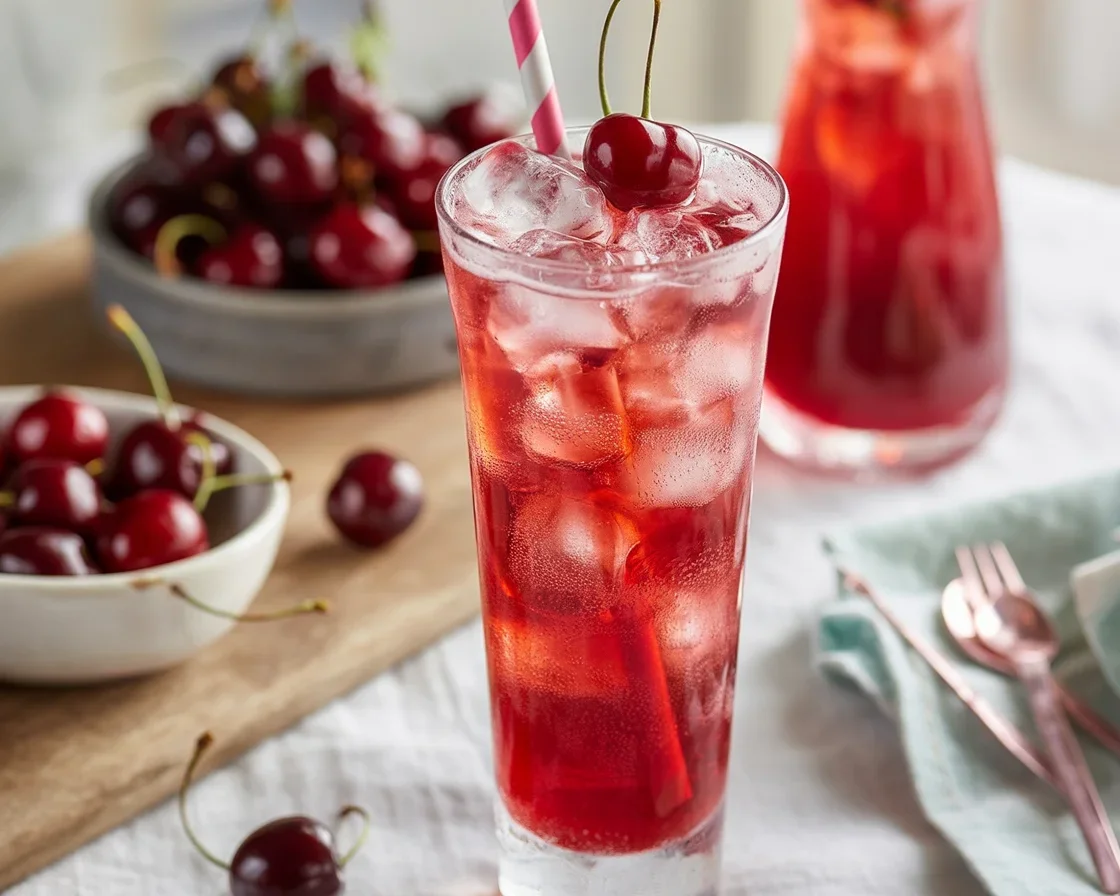 Cherry Bomb Mocktail with fresh cherries and lime in a glass, garnished and bubbly