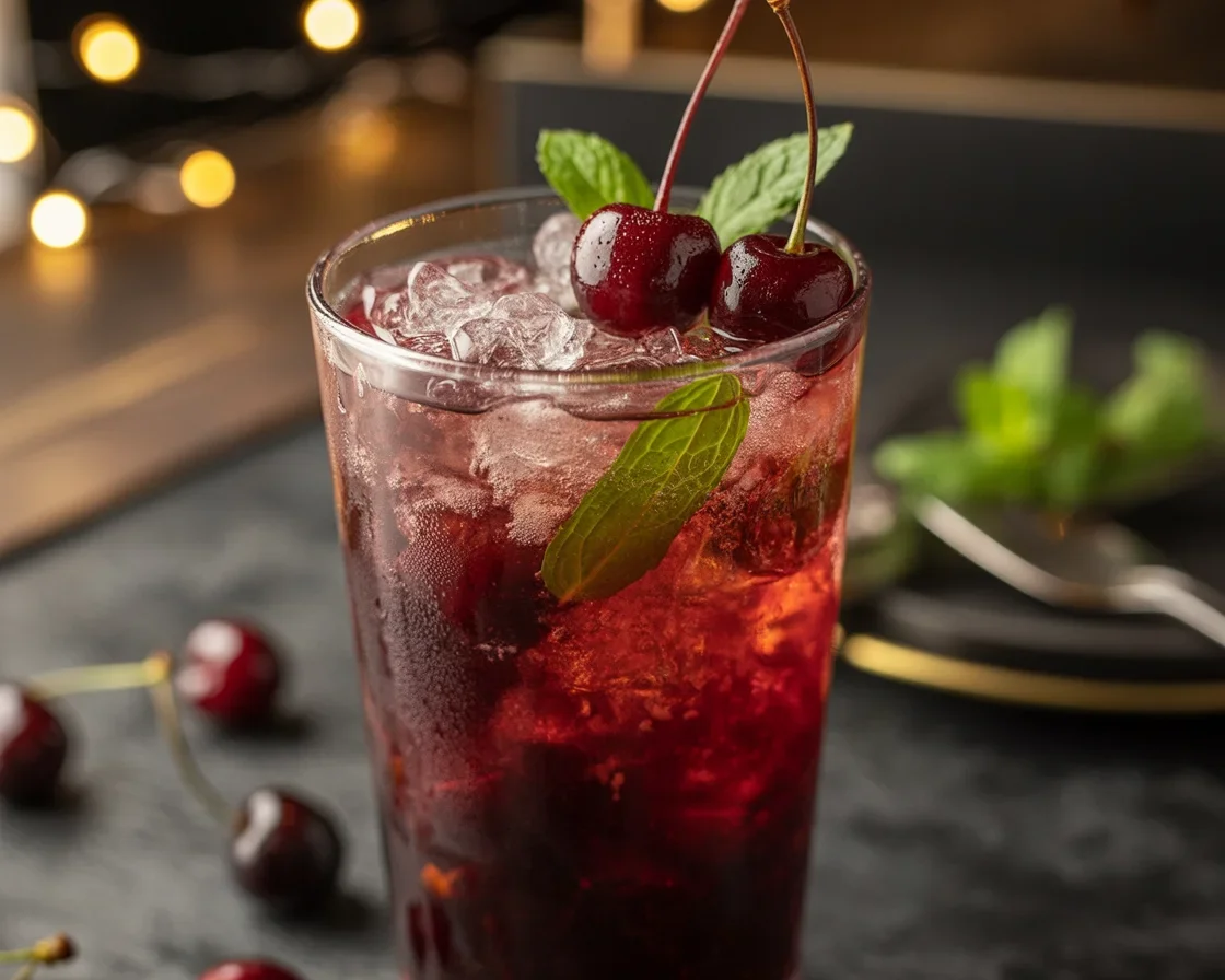 Midnight Tart Cherry Mocktail with tart cherry juice, lime, and honey for relaxation.