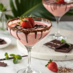 "Chocolate covered strawberry smoothie in martini glass with chocolate drizzle rim and strawberry garnish