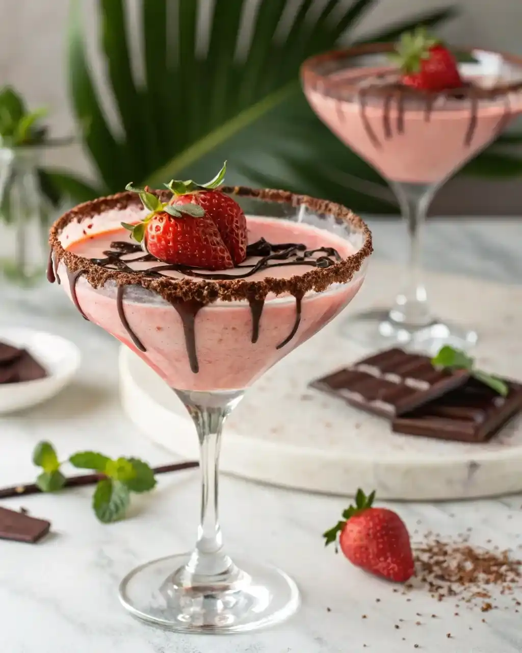 "Chocolate covered strawberry smoothie in martini glass with chocolate drizzle rim and strawberry garnish