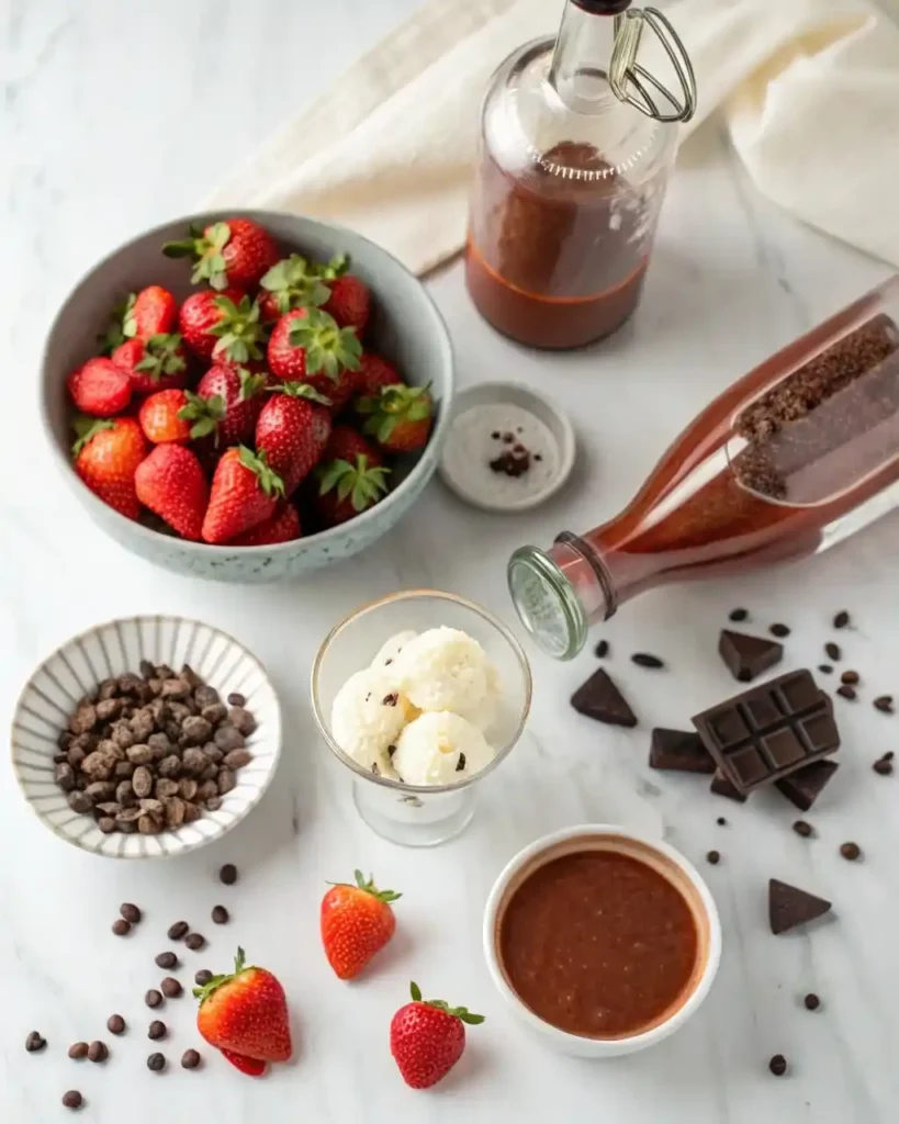 Chocolate covered strawberry smoothie ingredients and preparation steps layout