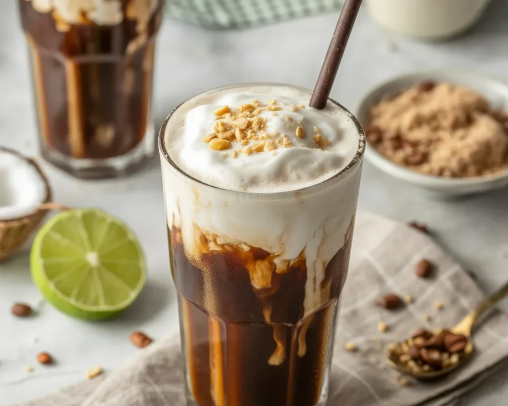 Coconut Cold Foam Iced Coffee topped with coconut whipped cream in a glass