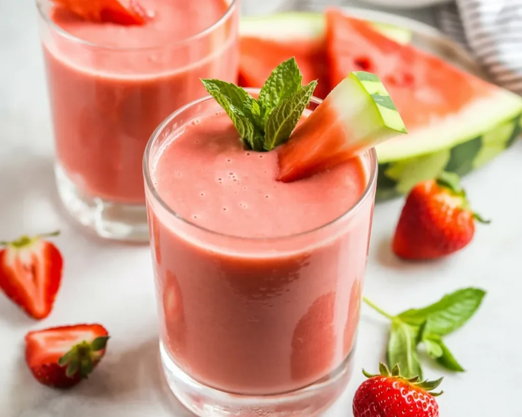 Creamy watermelon smoothie with Greek yogurt and fresh ingredients in a glass