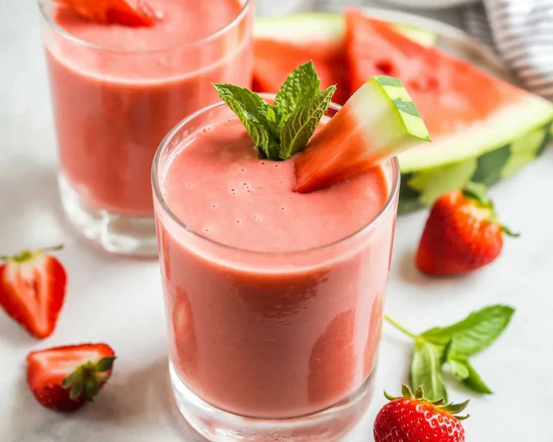 Creamy watermelon smoothie with Greek yogurt and fresh ingredients in a glass