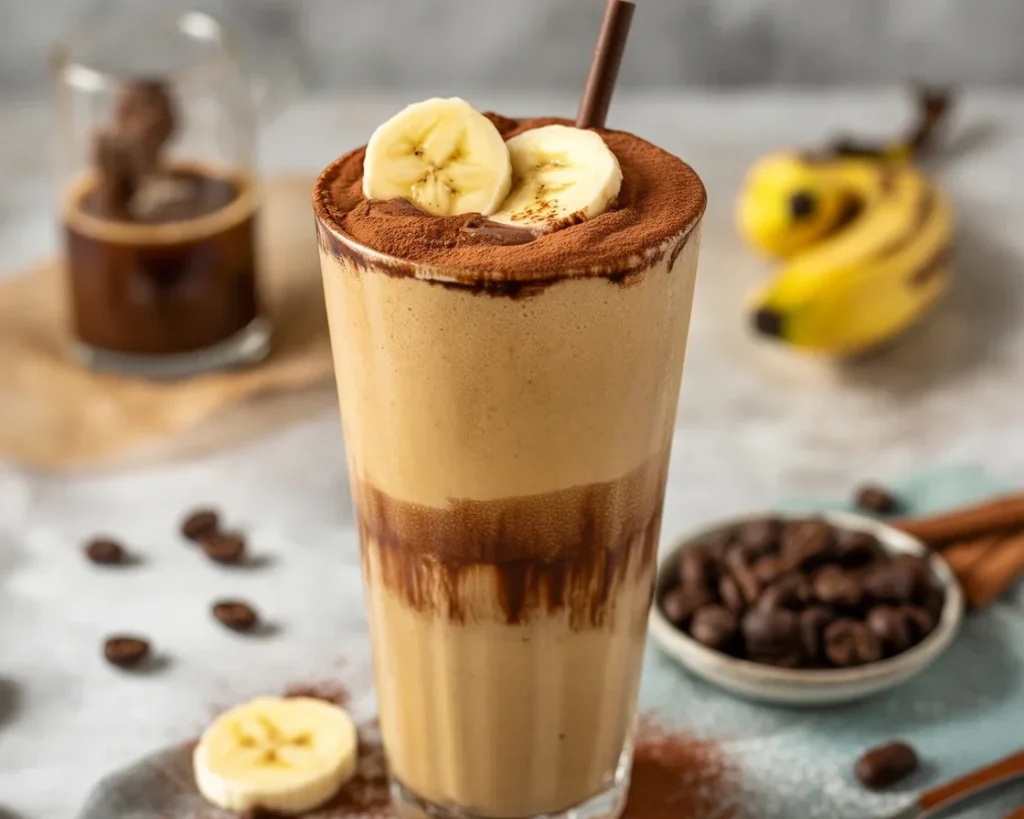 Delicious Mocha Banana Iced Coffee Smoothie with bananas and cocoa