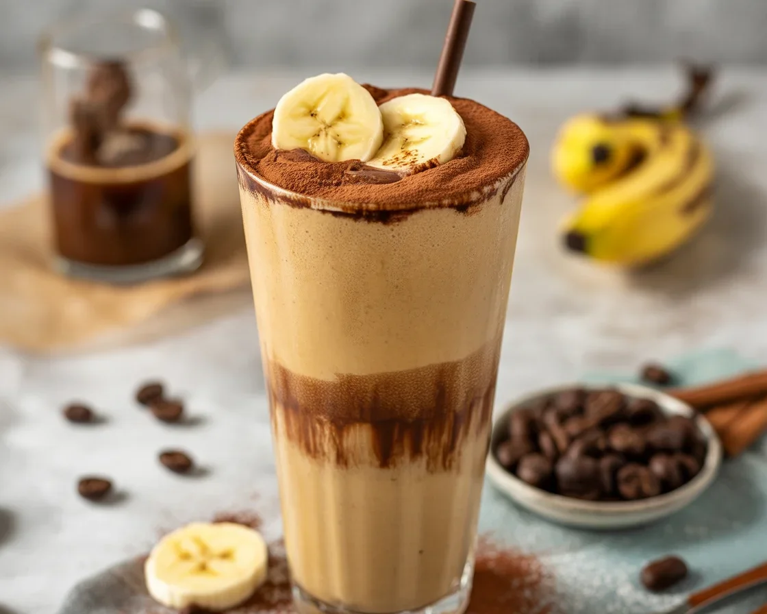 Delicious Mocha Banana Iced Coffee Smoothie with bananas and cocoa