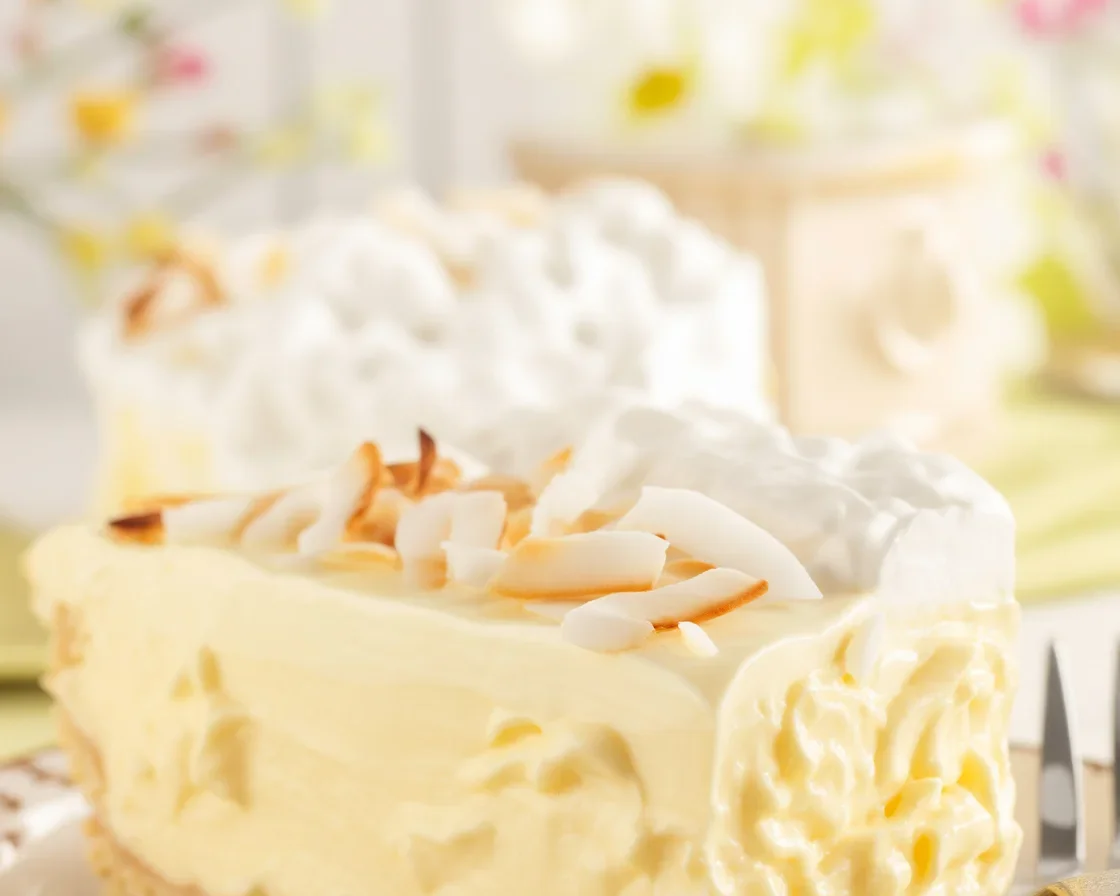 Delicious No Bake Coconut Cream Pie with golden Oreo crust and whipped cream topping.