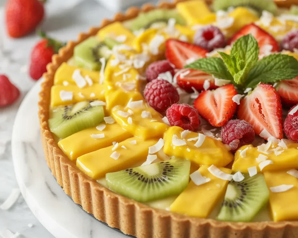 No-Bake Tropical Fruit Tart with assorted tropical fruits and a creamy filling