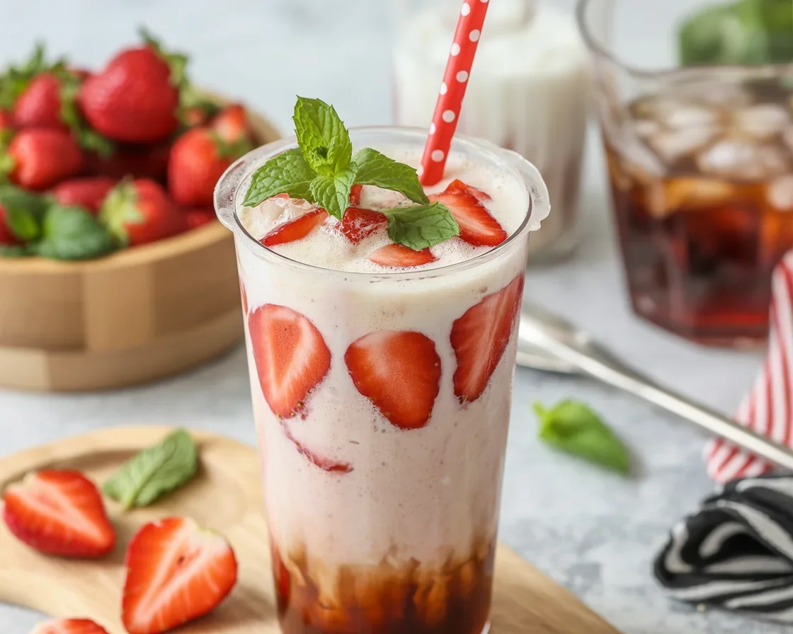 Delicious Strawberry Iced Latte with strawberries, espresso, and milk.
