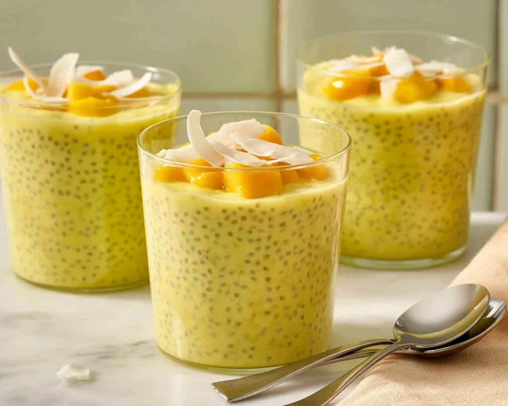 Delicious Passion Fruit & Mango Chia Pudding topped with fresh fruits and nuts.
