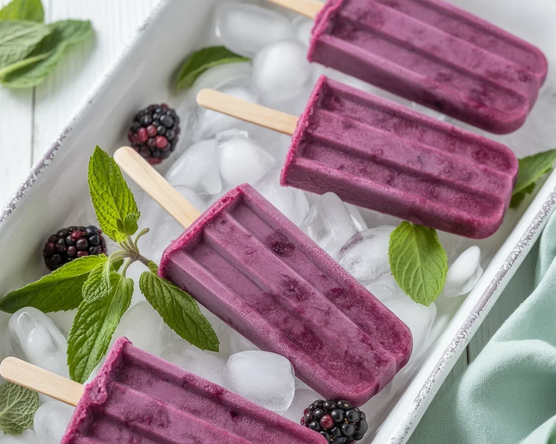Refreshing Blackberry Sage Popsicles made with pureed blackberries and fresh sage.