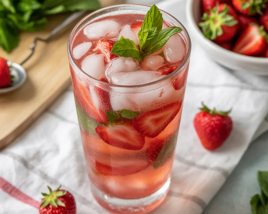 Refreshing Strawberry Mint Lemonade with strawberries, lemon, and mint leaves.