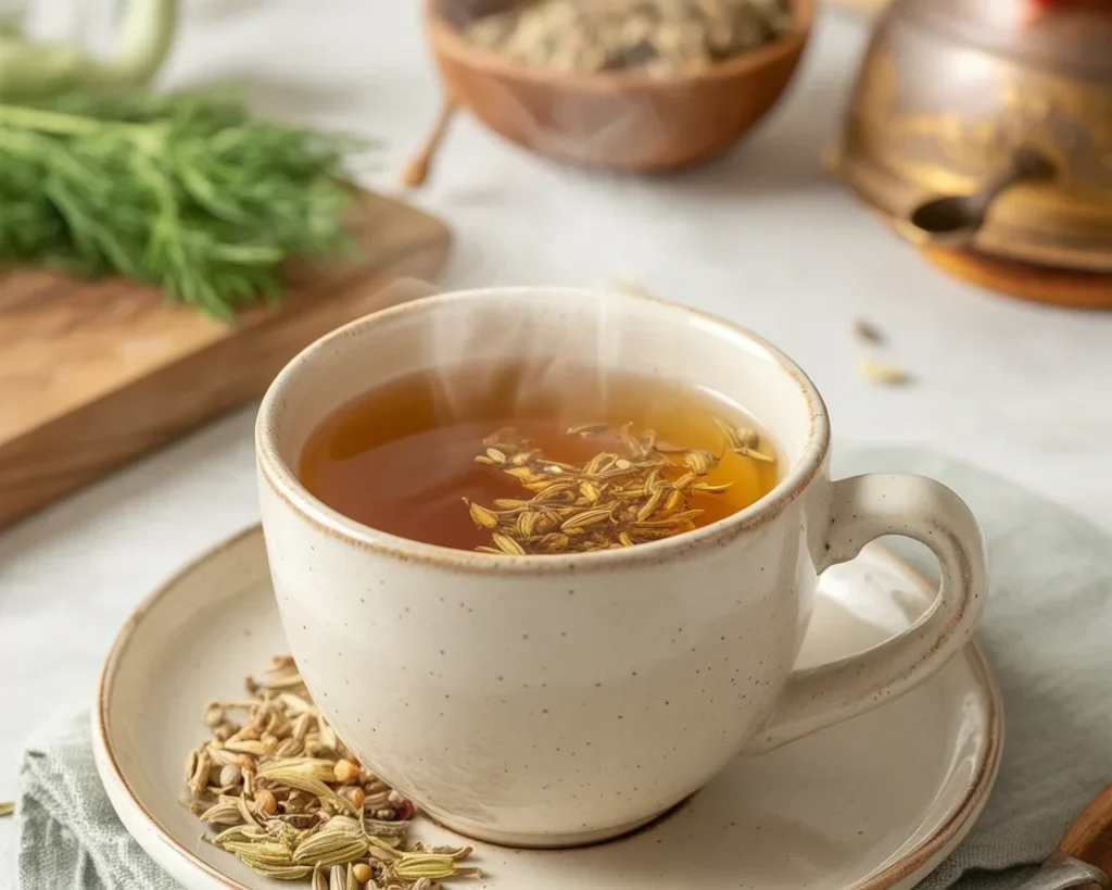 A cup of Fennel Seed Bloating Tea, known for aiding digestion and reducing gas.