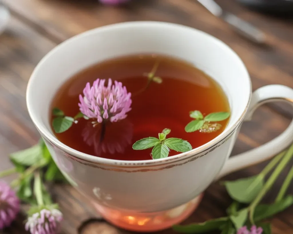 Cup of Red Clover Hormone Balance Tea supporting women's health and hormone balance.