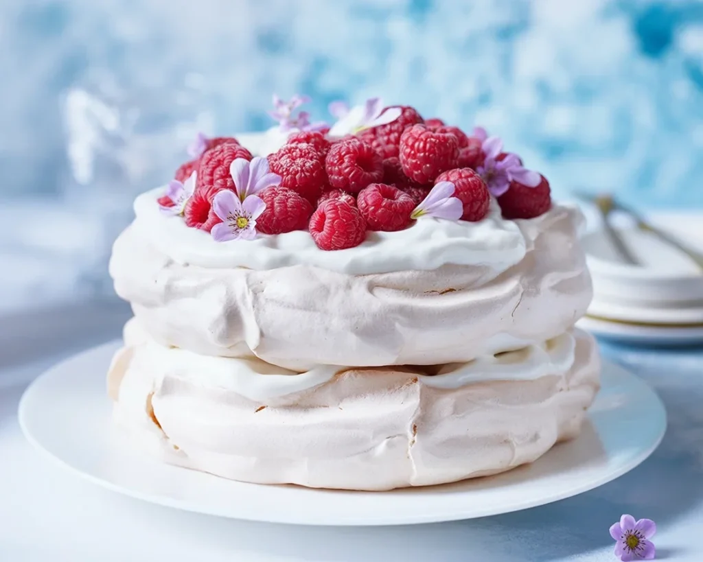 Double Stacked Berry Pavlova Cake with layers of meringue, cream, and fresh berries.