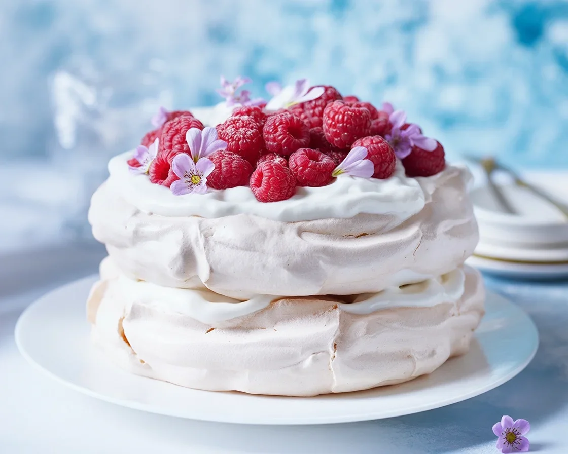 Double Stacked Berry Pavlova Cake with layers of meringue, cream, and fresh berries.