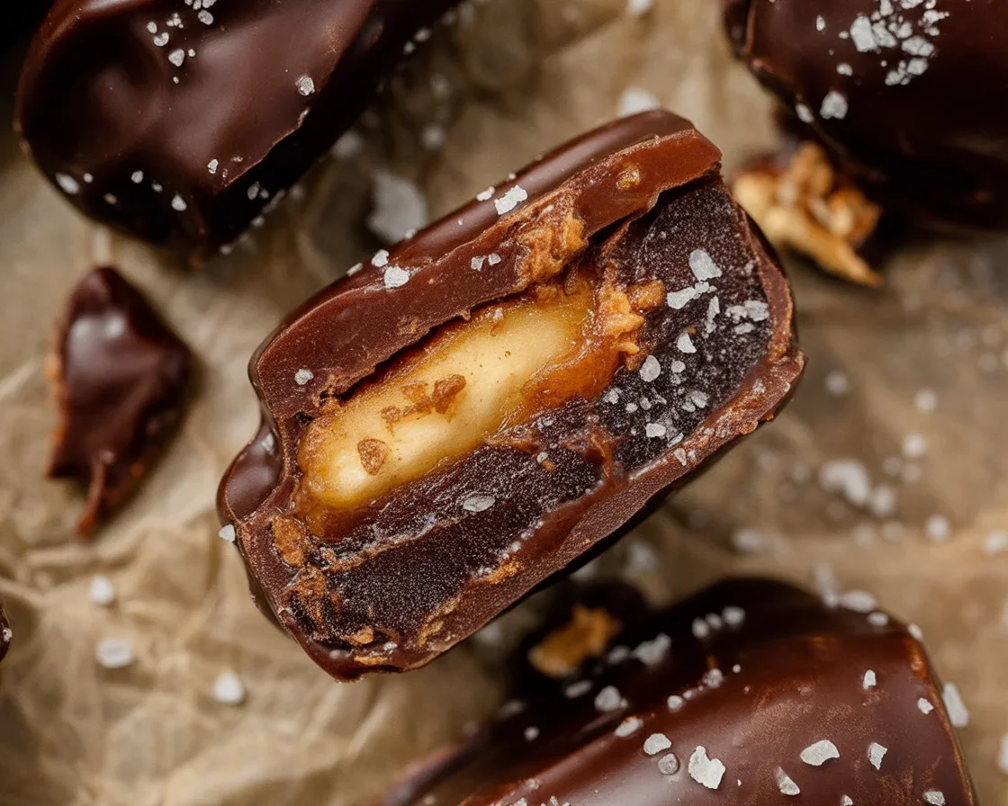 Delicious homemade Date Snickers made with Medjool dates, peanut butter, and chocolate.