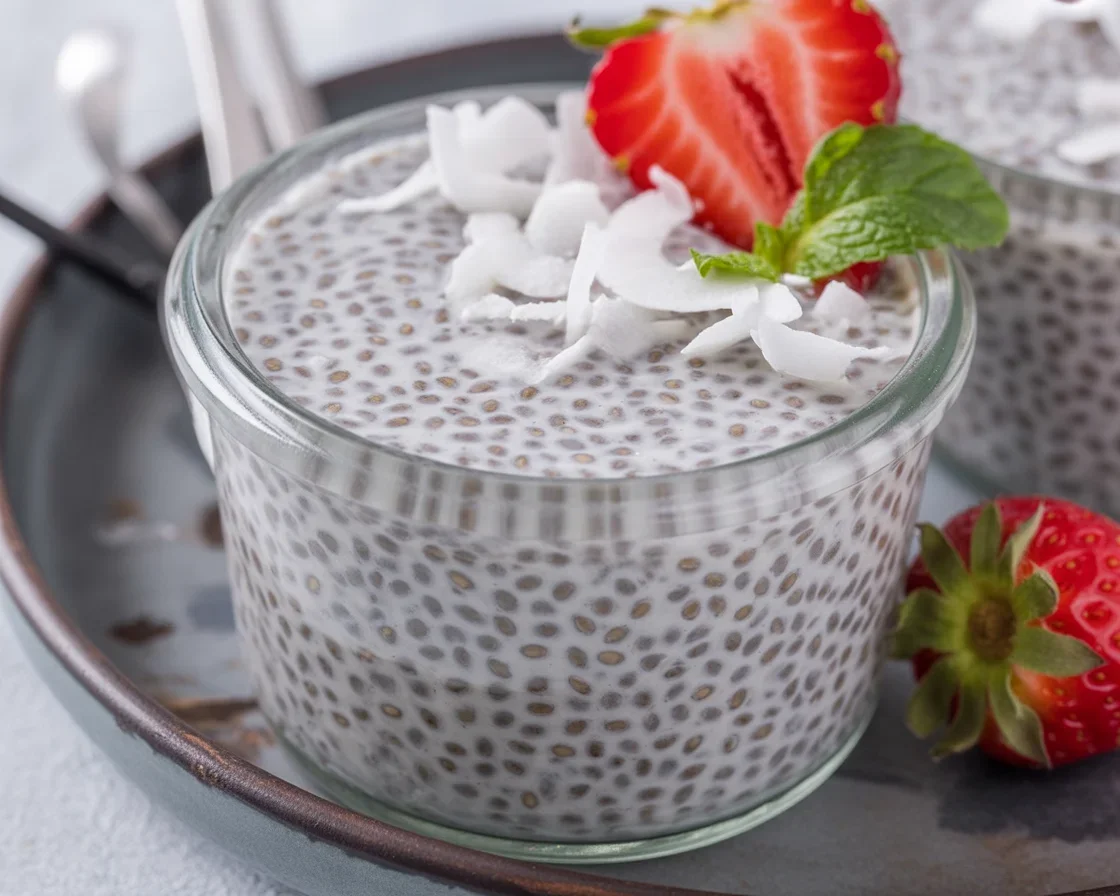 Easy Coconut Chia Pudding in a bowl topped with fresh fruit and chia seeds.