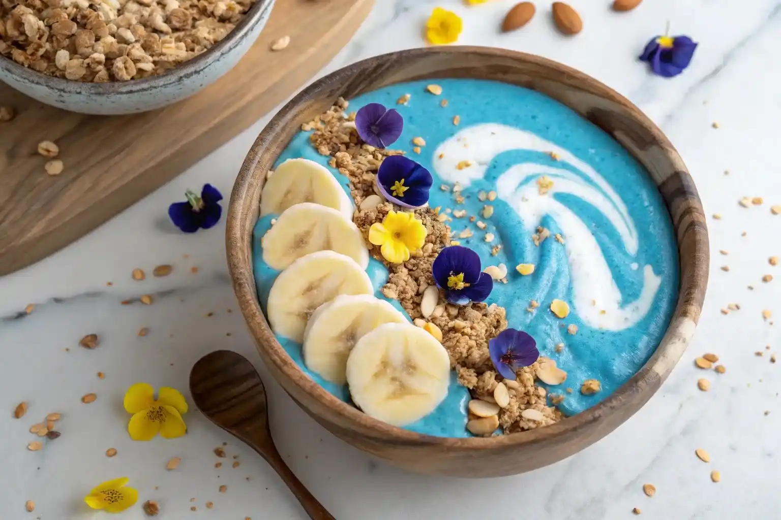 High protein blue vanilla smoothie bowl with banana, granola, and nuts in wooden bowl