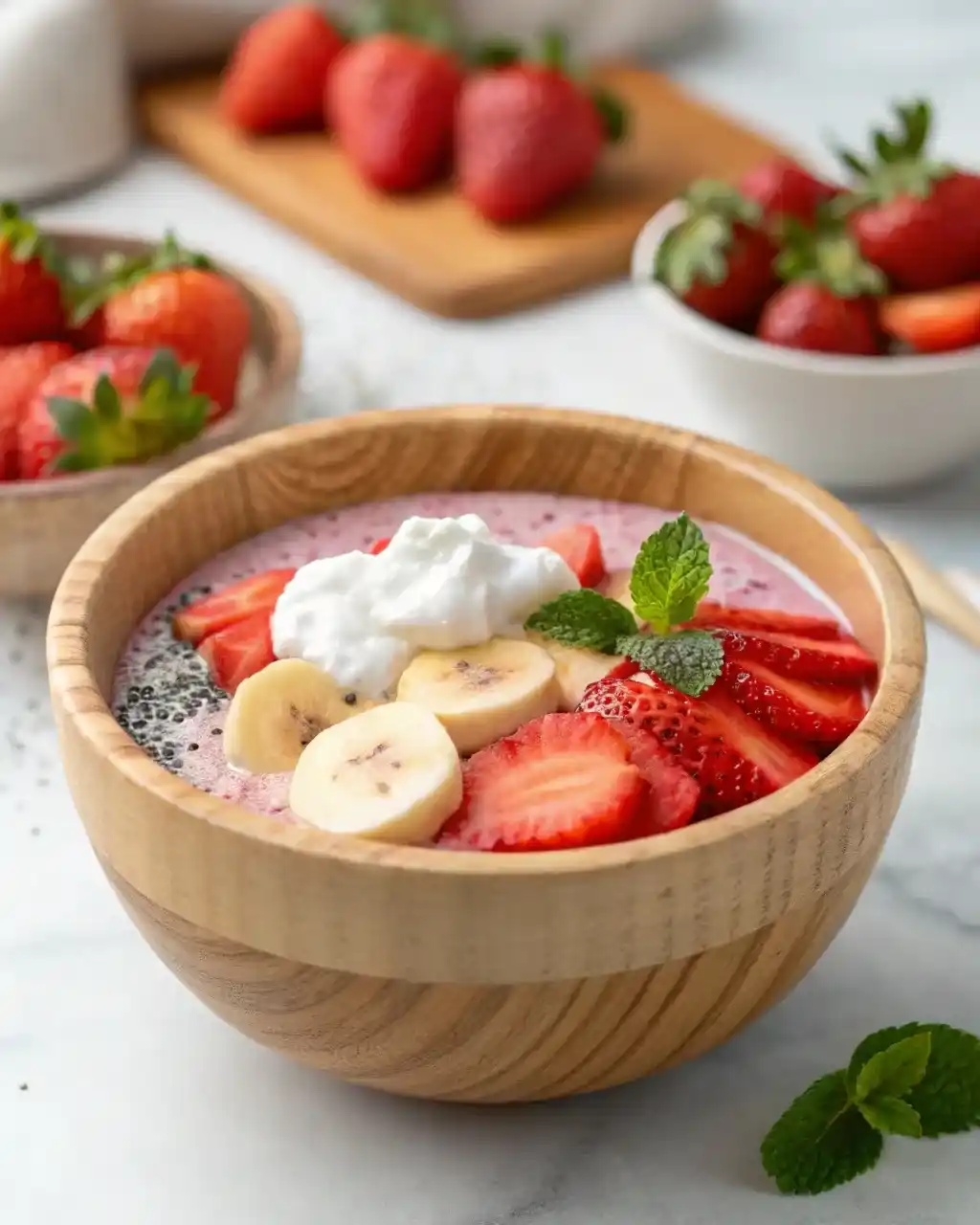 High protein strawberry chia seed pudding in wooden bowl topped with Greek yogurt and fresh fruit