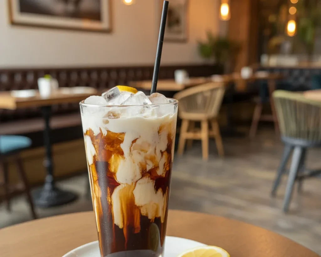 Iced Coconut Caramel Cold Brew coffee topped with caramel drizzle and coconut.