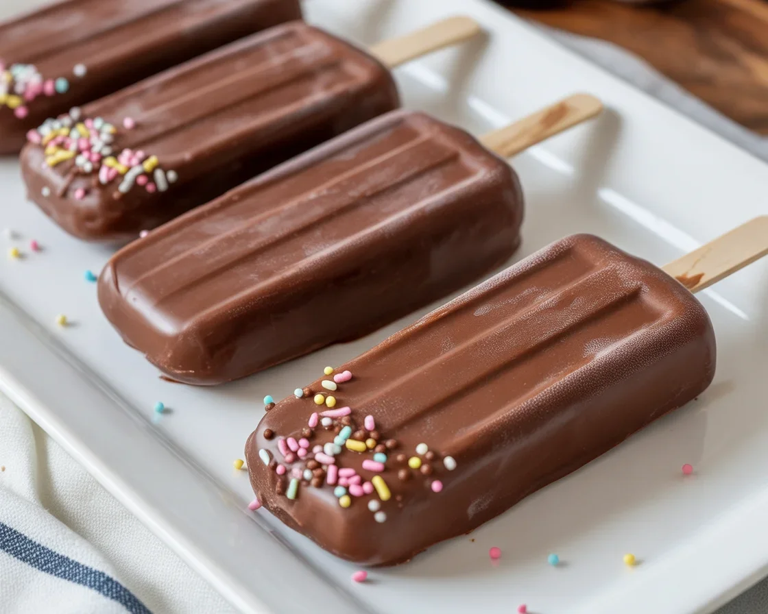 Delicious homemade Chocolate Fudge Popsicles ready to enjoy on a sunny day.