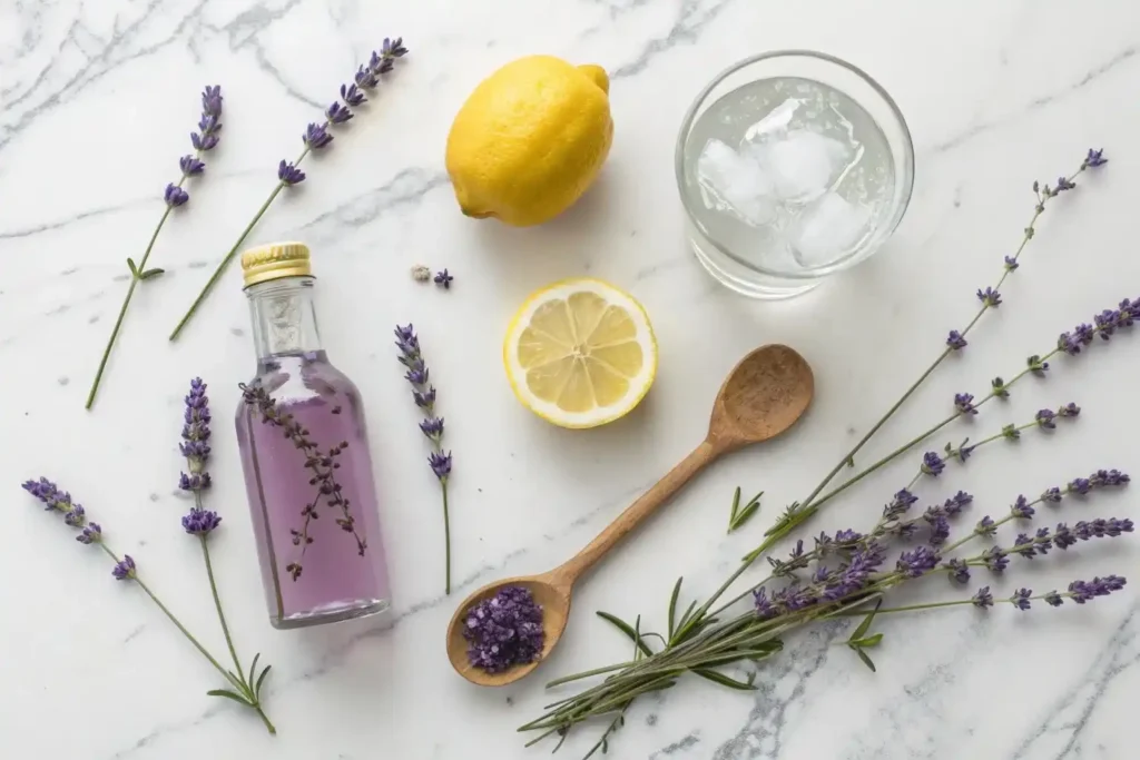 Ingredients for lemon and lavender mocktail – lavender syrup, lemon juice, stevia, sparkling water, and fresh lavender laid out on a marble surface.