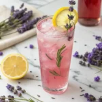 Lemon and lavender mocktail served over ice with lemon and fresh lavender garnish – floral, refreshing, and non-alcoholic summer drink.
