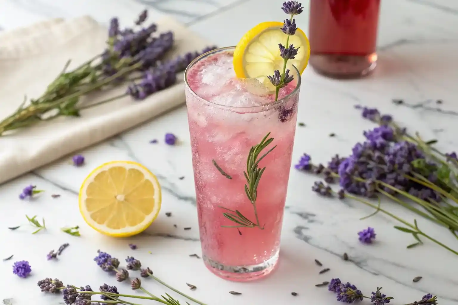 Lemon and lavender mocktail served over ice with lemon and fresh lavender garnish – floral, refreshing, and non-alcoholic summer drink.