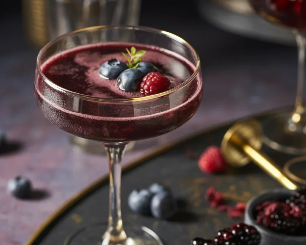 Midnight Mulberry Fizz - a rich, moody, and sparkling beverage perfectly crafted for summer celebrations.