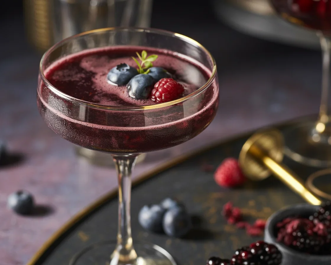 Midnight Mulberry Fizz - a rich, moody, and sparkling beverage perfectly crafted for summer celebrations.