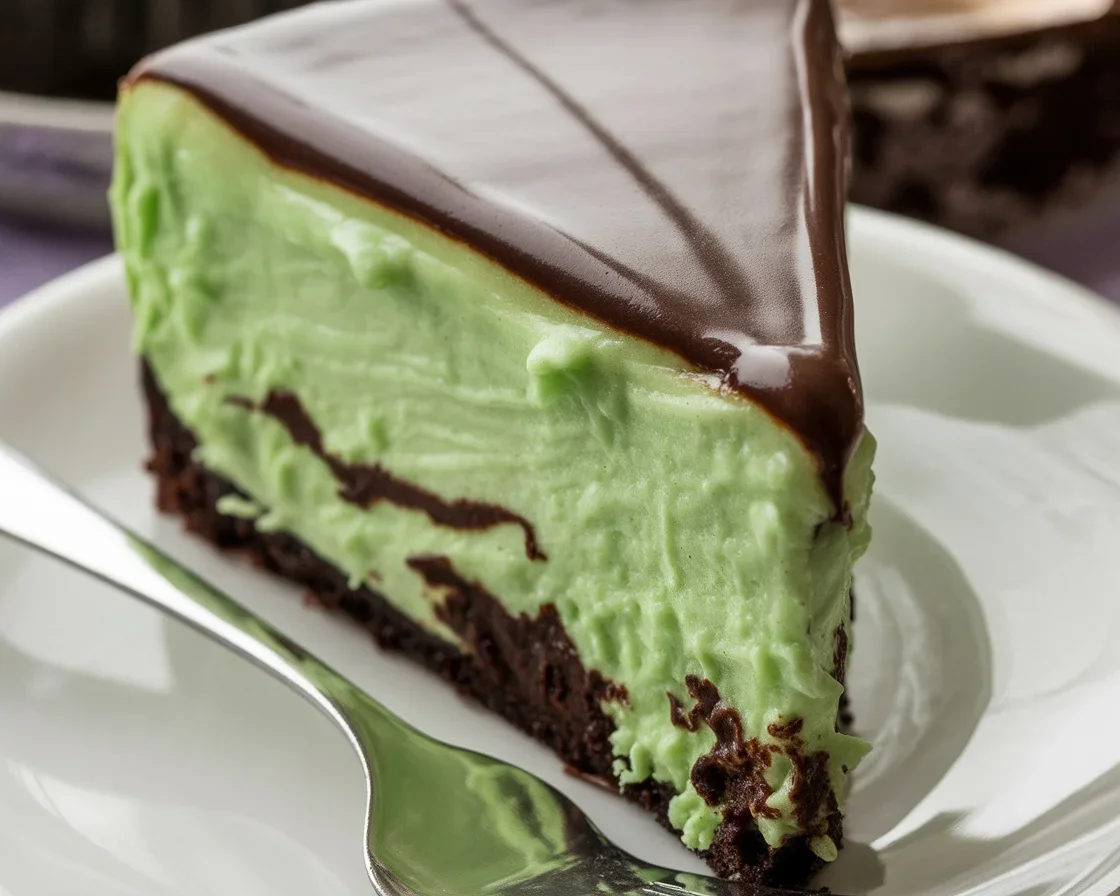 Mint Chocolate Cheesecake Cake with Oreo crust and chocolate ganache topping.