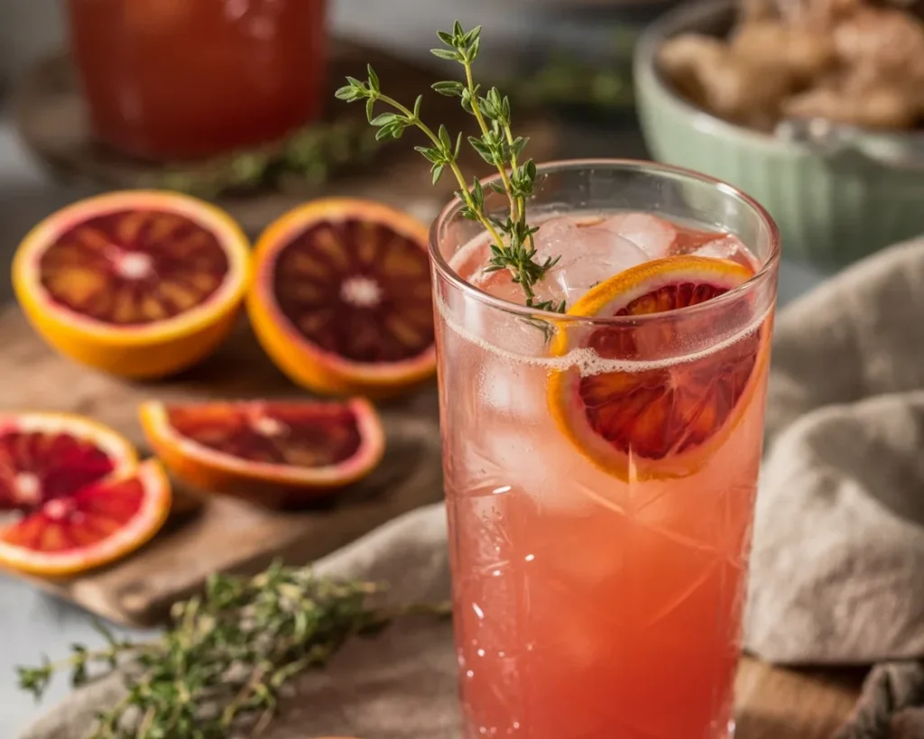 A refreshing Blood Orange Thyme Lemonade cocktail garnished with thyme sprigs.