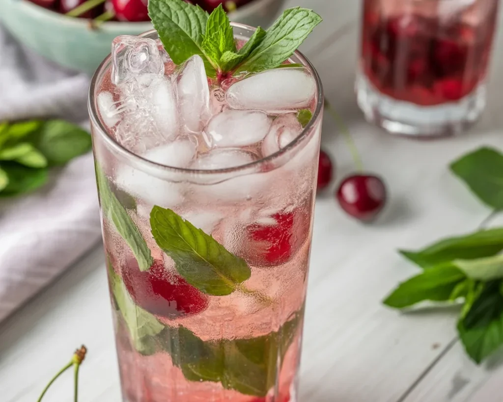 Refreshing Cherry Mojito Mocktail garnished with fresh cherries and mint leaves.